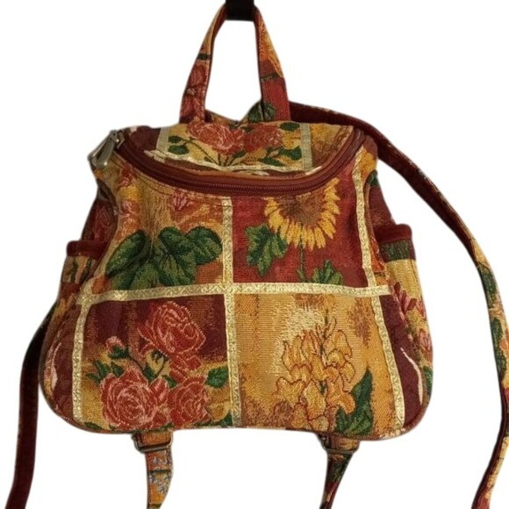 Paul Brent Backpack Bag Floral Tapestry Double Straps Top Handle - Picture 7 of 12